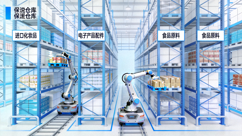 保税仓库内部运作示意图 - 自动化机器人正在货架间穿梭拣选商品，货架上贴有中文标签
