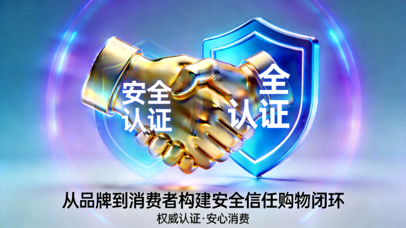 从品牌到消费者构建安全信任购物闭环资讯配图 - 代表信任与安全的握手图标与蓝色盾牌认证标志在发光背景下叠加