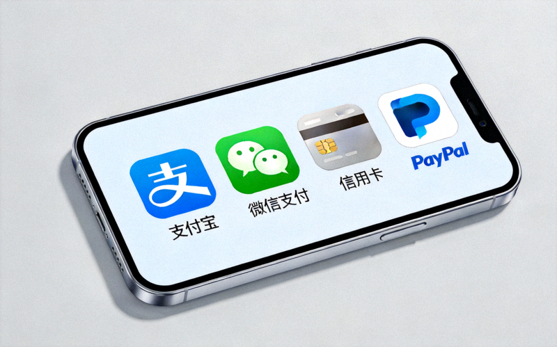 多种支付方式展示图 - 手机屏幕上并列显示支付宝、微信支付、信用卡、PayPal等图标