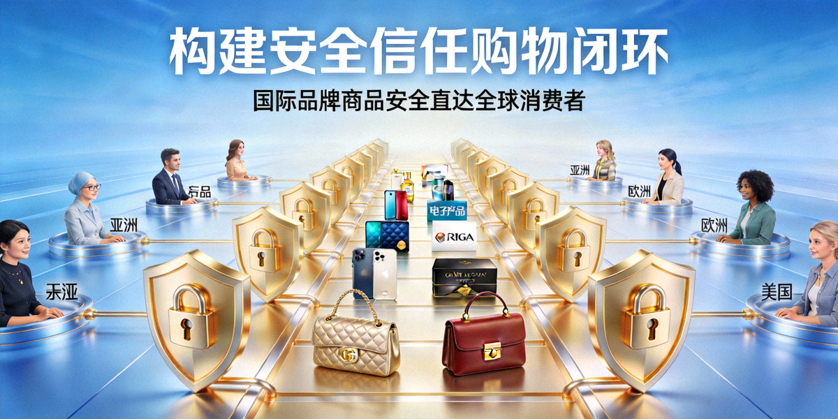 构建安全信任购物闭环主题封面图 - 展示国际品牌商品通过安全盾牌保护的通道直达全球消费者手中的概念图