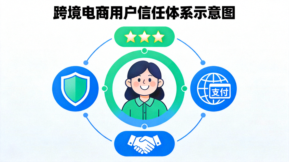 构建跨境电商用户信任体系示意图 - 盾牌、五星好评、握手、全球支付图标环绕着一位满意的消费者