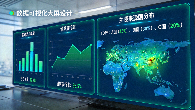 海关清关数据可视化大屏示意图 - 显示实时清关单量、放行率、主要来源国等数据图表