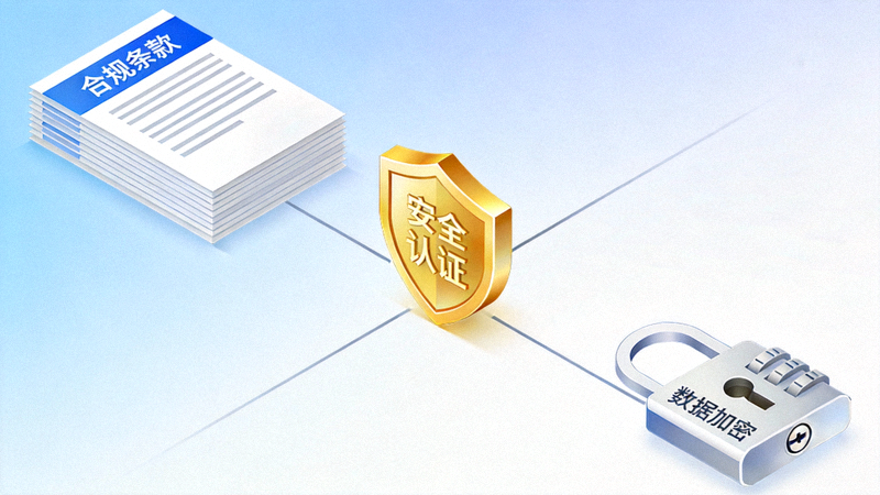 合规与信任基建维度分析配图 - 法律文件、安全盾牌认证标志与数字锁图标组合