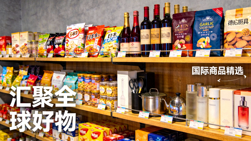 汇聚全球好物资讯配图 - 琳琅满目的国际商品陈列在货架上