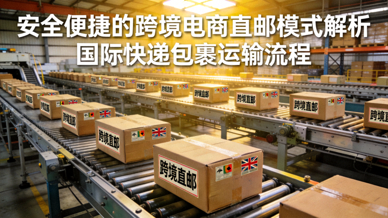 解析安全便捷的跨境电商直邮模式主题横幅 - 展示国际快递包裹在自动化分拣线上流动，背景有全球地图与物流飞机