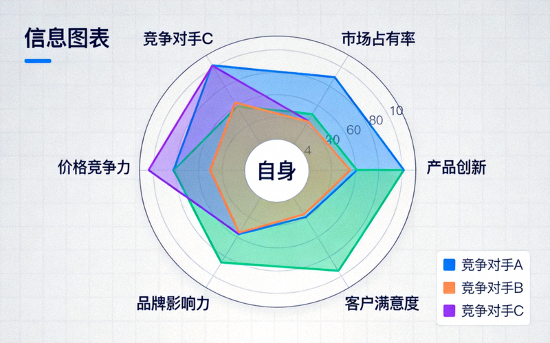 竞争对手监控与市场定位分析场景示意图 - 雷达图对比自身与多个竞争对手在不同维度的表现