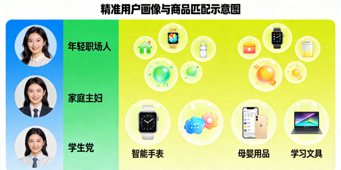 精准用户画像与商品匹配示意图 - 不同用户群体头像与对应的推荐商品气泡图
