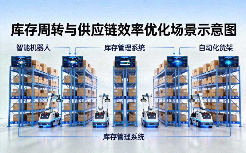 库存周转与供应链效率优化场景示意图 - 现代化智能仓库内机器人管理货架与库存
