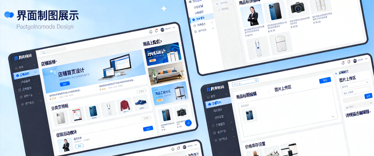 跨境电商店铺后台与商品上架优化界面示意图 - 多屏幕展示店铺装修与商品详情页编辑