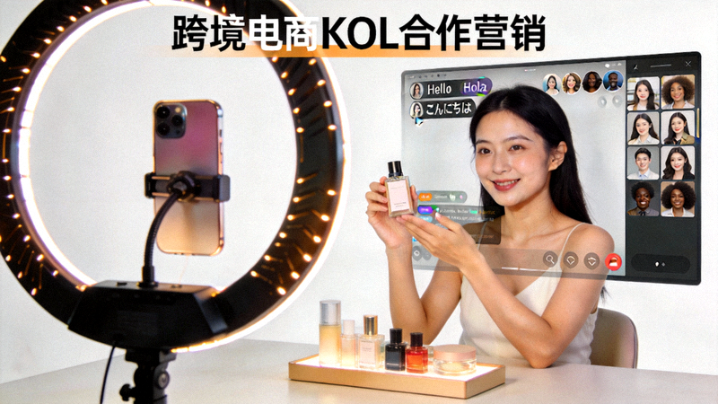跨境电商KOL与网红合作营销模块配图 - 网红正在直播展示商品给全球观众