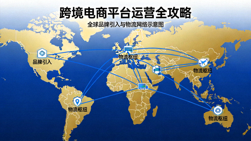 跨境电商平台运营全攻略文章配图 - 展示全球地图与物流网络连接，象征品牌引入与全球物流