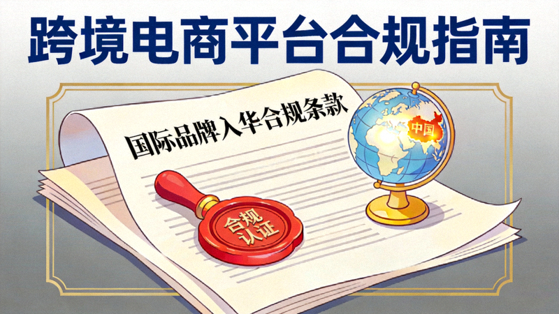 跨境电商平台合规指南文章配图 - 法律文件、公章与地球仪，代表国际品牌入华的法律合规性