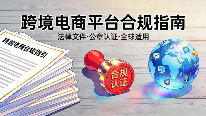 跨境电商平台合规指南文章配图 - 法律文件、公章与地球仪