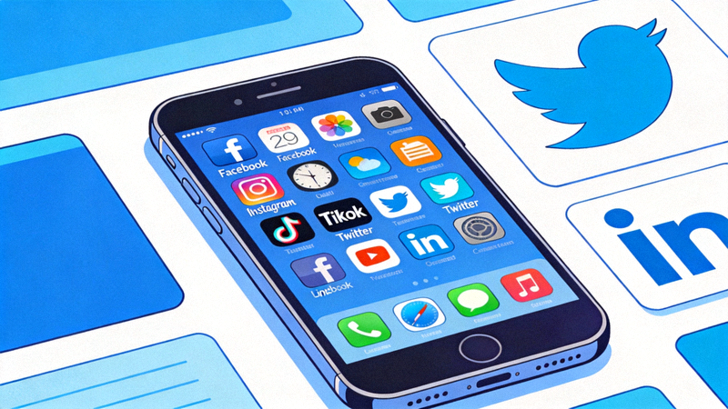 跨境电商社交媒体驱动增长模块配图 - 手机屏幕上显示多个海外主流社交媒体应用图标