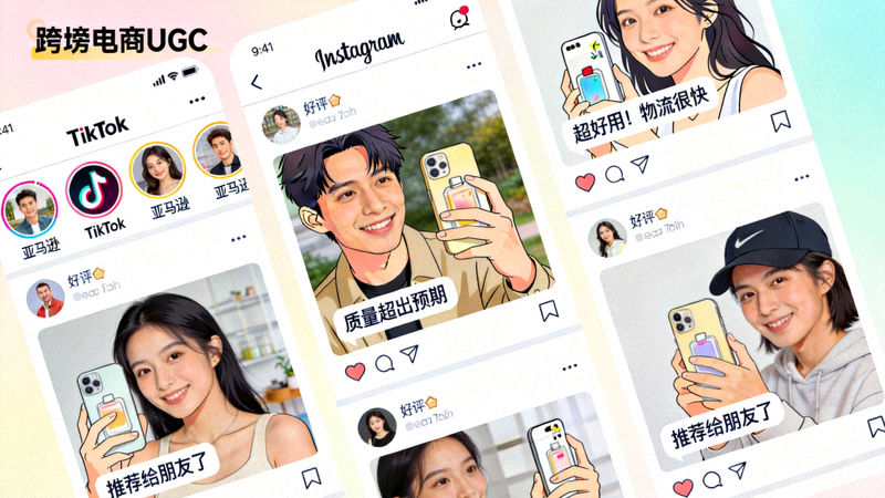 跨境电商用户生成内容与口碑营销模块配图 - 用户在不同平台分享产品使用照片和好评