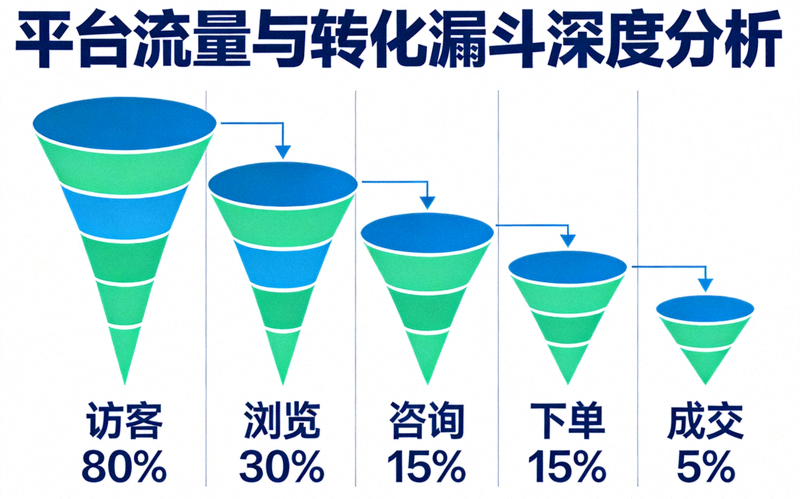 平台流量与转化漏斗深度分析场景示意图 - 多层漏斗图表展示从访客到成交的转化路径