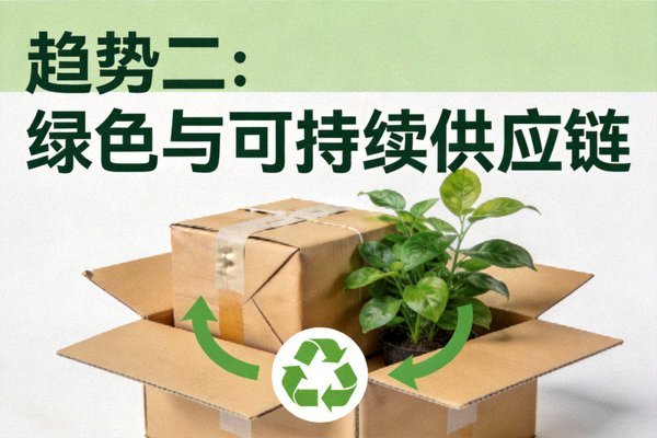 趋势二：绿色与可持续供应链 - 可回收材料包装的包裹与绿色植物、循环箭头符号结合