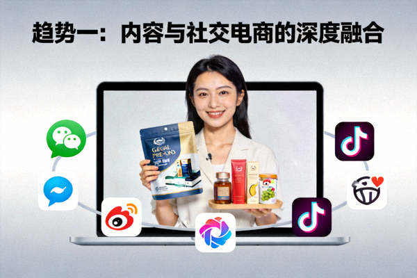 趋势一：内容与社交电商的深度融合 - 直播间内主播展示海外商品，屏幕外有社交媒体分享图标环绕