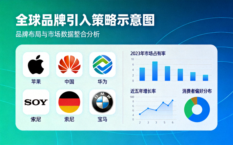 全球品牌引入策略示意图 - 展示不同国家品牌标志与数据分析图表相结合