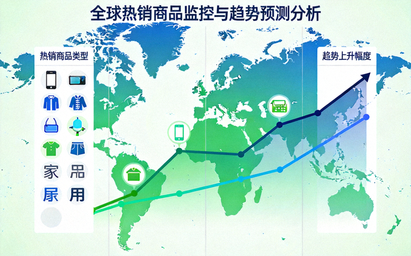 全球热销商品监控与趋势预测分析场景示意图 - 世界地图上叠加不同地区热销商品图标与上升趋势线