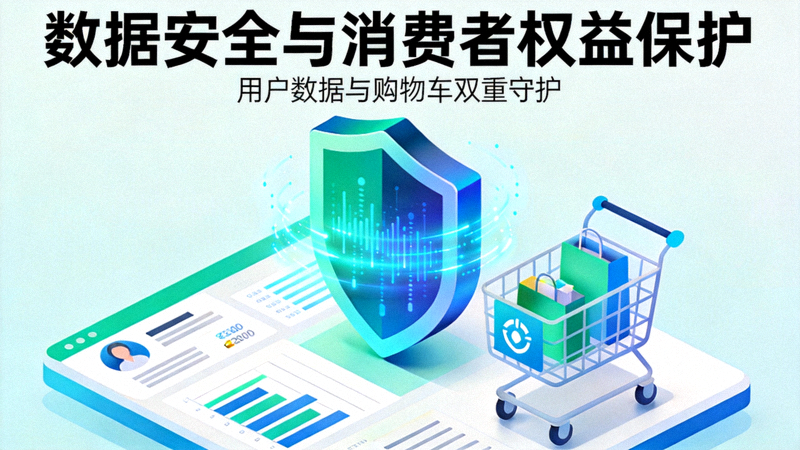 数据安全与消费者权益保护配图 - 盾牌图标保护着用户数据与购物车