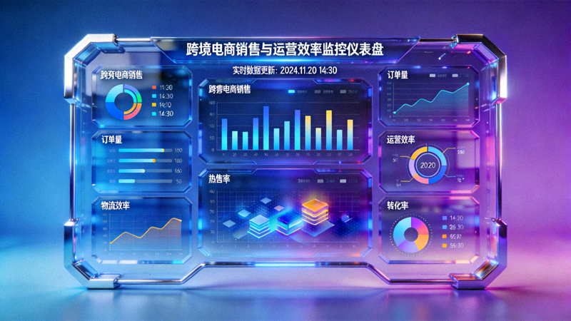 数据分析在跨境电商中的应用文章配图 - 三维立体数据可视化仪表盘，代表对销售与运营效率的监控分析