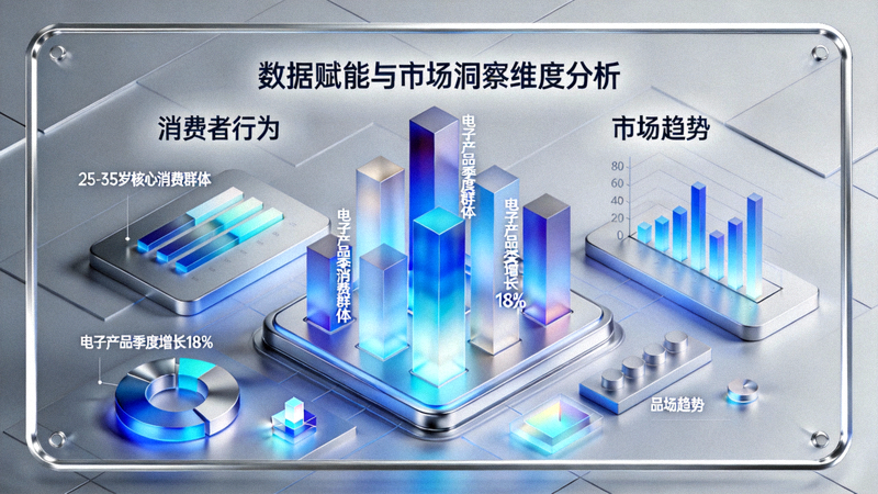 数据赋能与市场洞察维度分析配图 - 三维数据可视化图表展示消费者行为与市场趋势