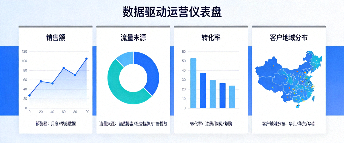 数据驱动运营仪表盘示意图 - 展示销售额、流量来源、转化率、客户地域分布等关键指标的可视化图表