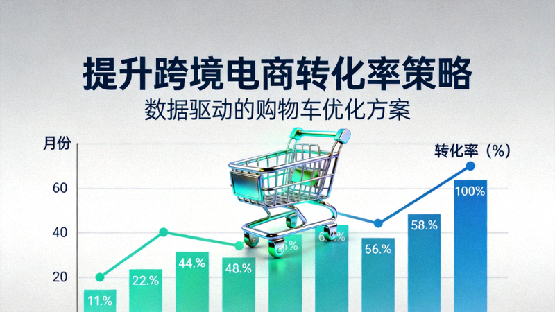 提升跨境电商平台转化率文章配图 - 数据分析图表与购物车图标叠加