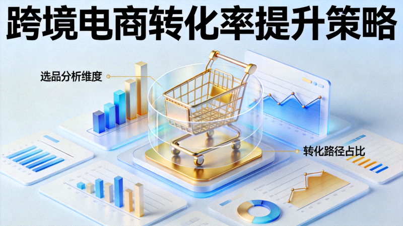 提升跨境电商平台转化率文章配图 - 数据分析图表与购物车图标叠加，代表选品分析与购买转化