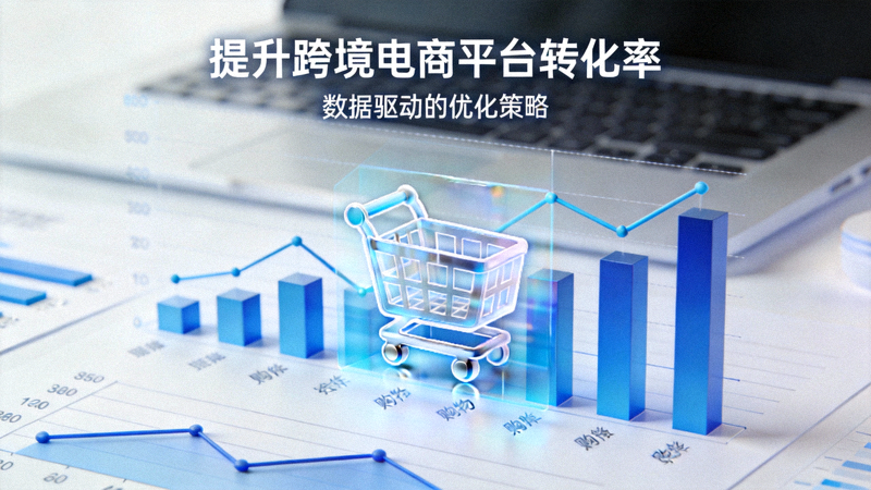 提升跨境电商平台转化率文章主视觉图 - 数据分析仪表盘、全球地图与购物车图标相结合，象征数据驱动的全球选品与销售转化