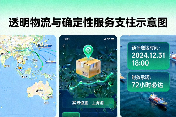 透明物流与确定性服务支柱示意图 - 显示全球物流地图、实时包裹追踪界面与预计送达时间提示