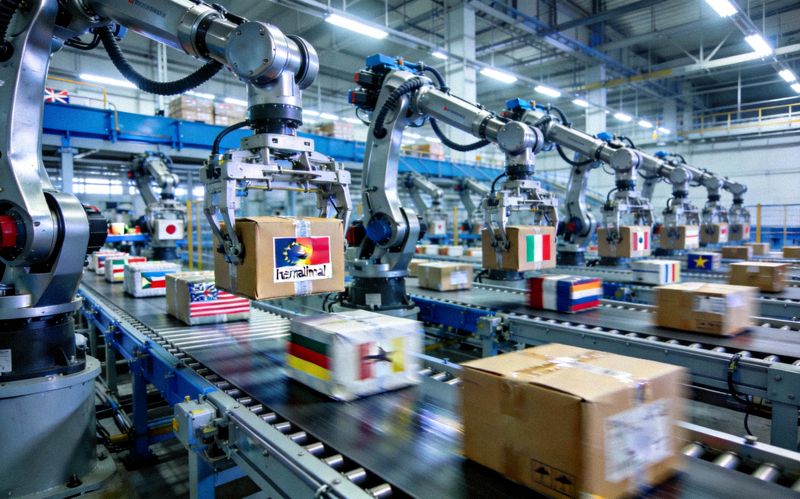 现代化智能物流仓库内部图 - 自动化分拣机器人与传送带正在高效处理国际包裹