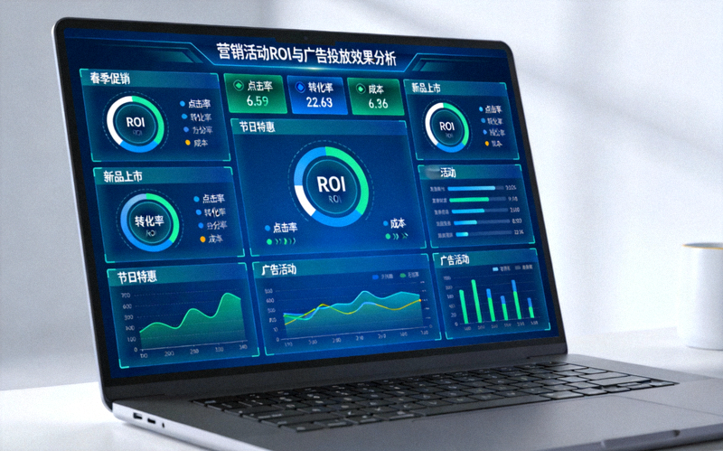 营销活动ROI与广告投放效果分析场景示意图 - 电脑屏幕上显示多个广告活动的数据对比仪表盘
