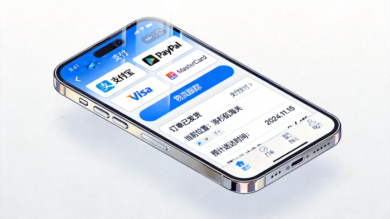 优化跨境电商用户体验文章配图 - 手机屏幕上显示多语言支付与物流跟踪界面