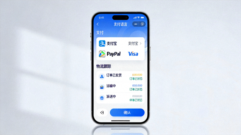 优化跨境电商用户体验文章配图 - 手机屏幕上显示多语言支付与物流跟踪界面