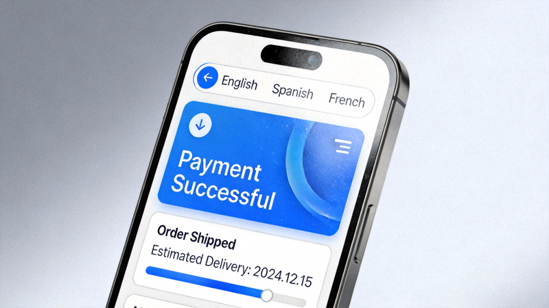 优化跨境电商用户体验文章配图 - 手机屏幕上显示多语言支付与物流跟踪界面，代表便捷的支付与物流体验