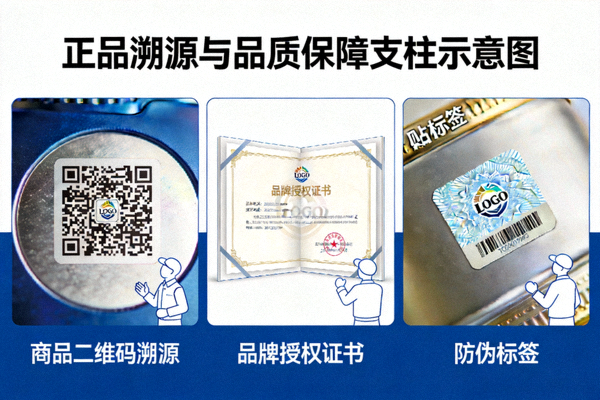 正品溯源与品质保障支柱示意图 - 显示商品二维码溯源、品牌授权证书与防伪标签特写