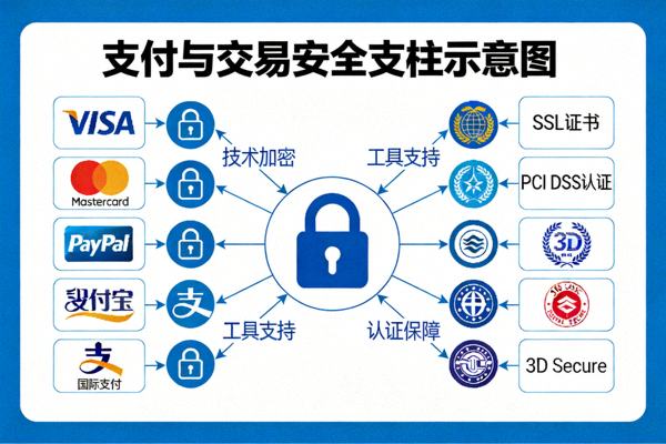 支付与交易安全支柱示意图 - 显示加密锁、多种国际支付工具图标与安全认证标志
