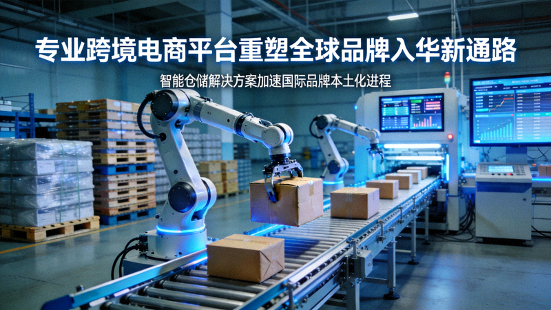 专业跨境电商平台重塑全球品牌入华新通路资讯配图 - 现代仓库内机器人分拣货物与自动化流水线