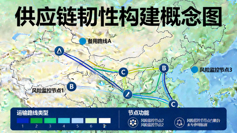 供应链韧性构建概念图 - 展示多条备用运输路线和风险监控节点
