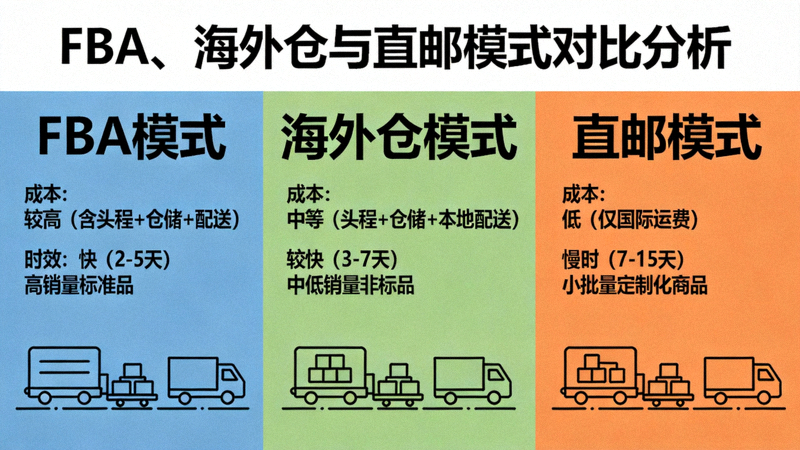 FBA、海外仓与直邮模式对比图 - 展示成本、时效和适用场景的对比分析