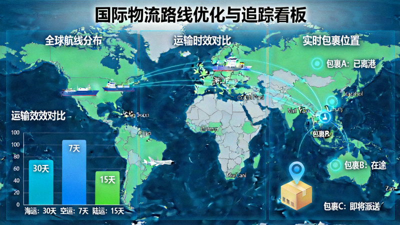 国际物流路线优化与追踪看板 - 显示全球航线、运输时效对比和实时包裹位置