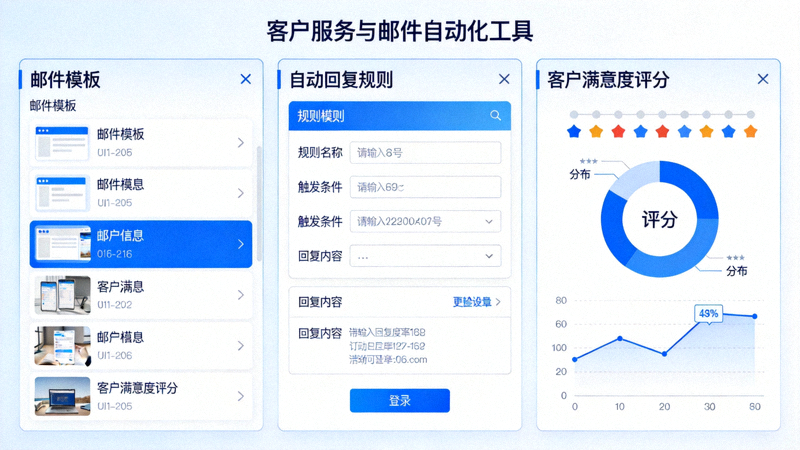 客户服务与邮件自动化工具面板 - 展示邮件模板、自动回复规则和客户满意度评分