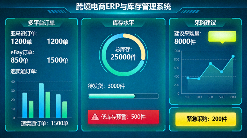 跨境电商ERP与库存管理系统仪表盘 - 显示多平台订单、库存水平和采购建议