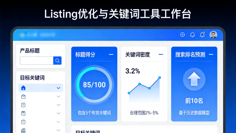 Listing优化与关键词工具工作台 - 显示标题得分、关键词密度和搜索排名预测