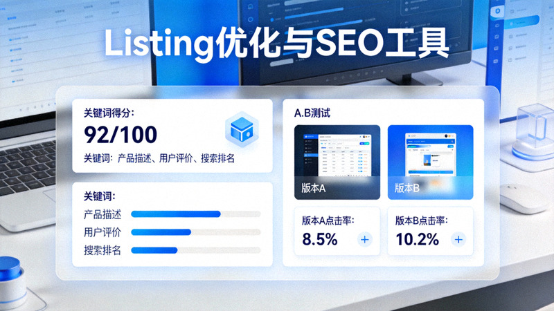 Listing优化与SEO工具工作台 - 显示标题、关键词得分和图片A/B测试结果