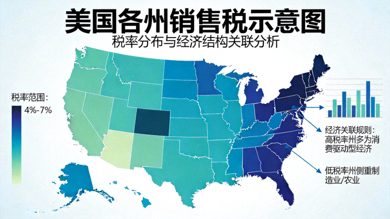 美国各州销售税示意图 - 美国地图显示不同州的不同税率与经济关联规则