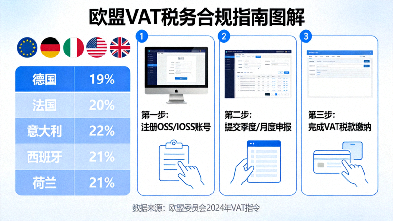 欧盟VAT税务合规指南图解 - 展示欧盟各国国旗、税率表和OSS/IOSS申报流程