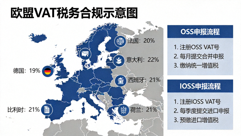 欧盟VAT税务合规示意图 - 地图标注欧盟各国税率及OSS/IOSS申报流程
